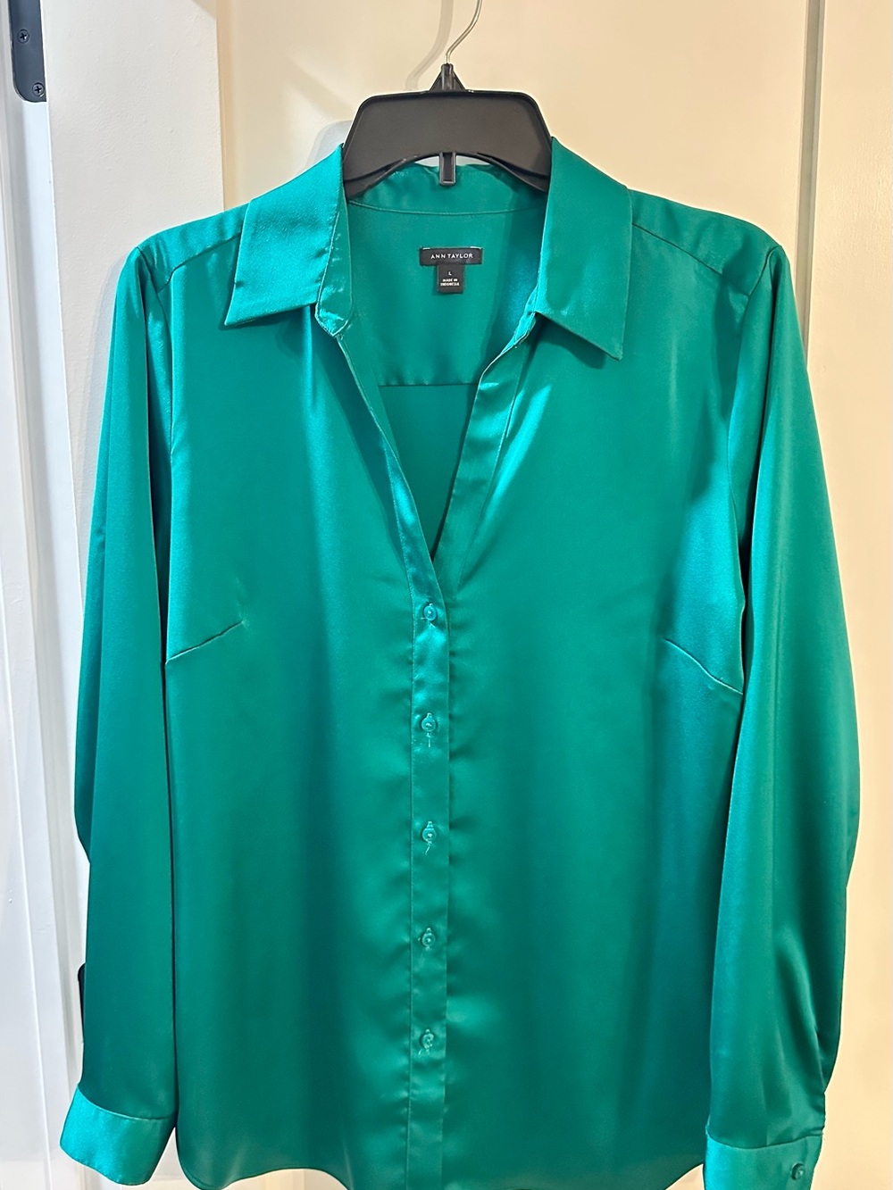 Ann Taylor Teal Satin Button-Down Shirt